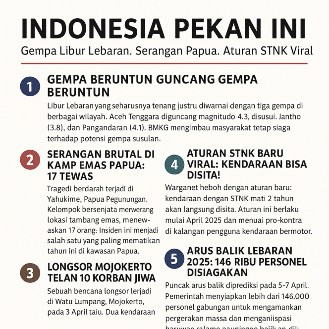 
 Indonesia Pekan Ini: Gempa Libur Lebaran, Serangan Papua, dan Aturan STNK Viral Warnai April 2025